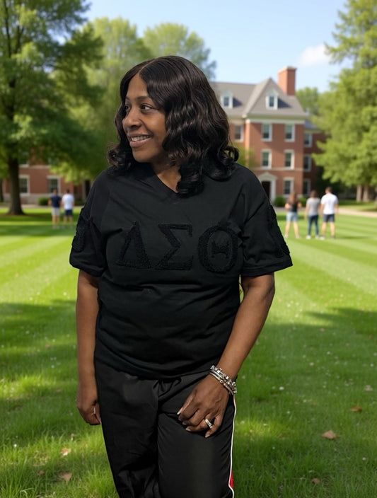 Delta Sigma Theta Black on black chenille V neck shirt