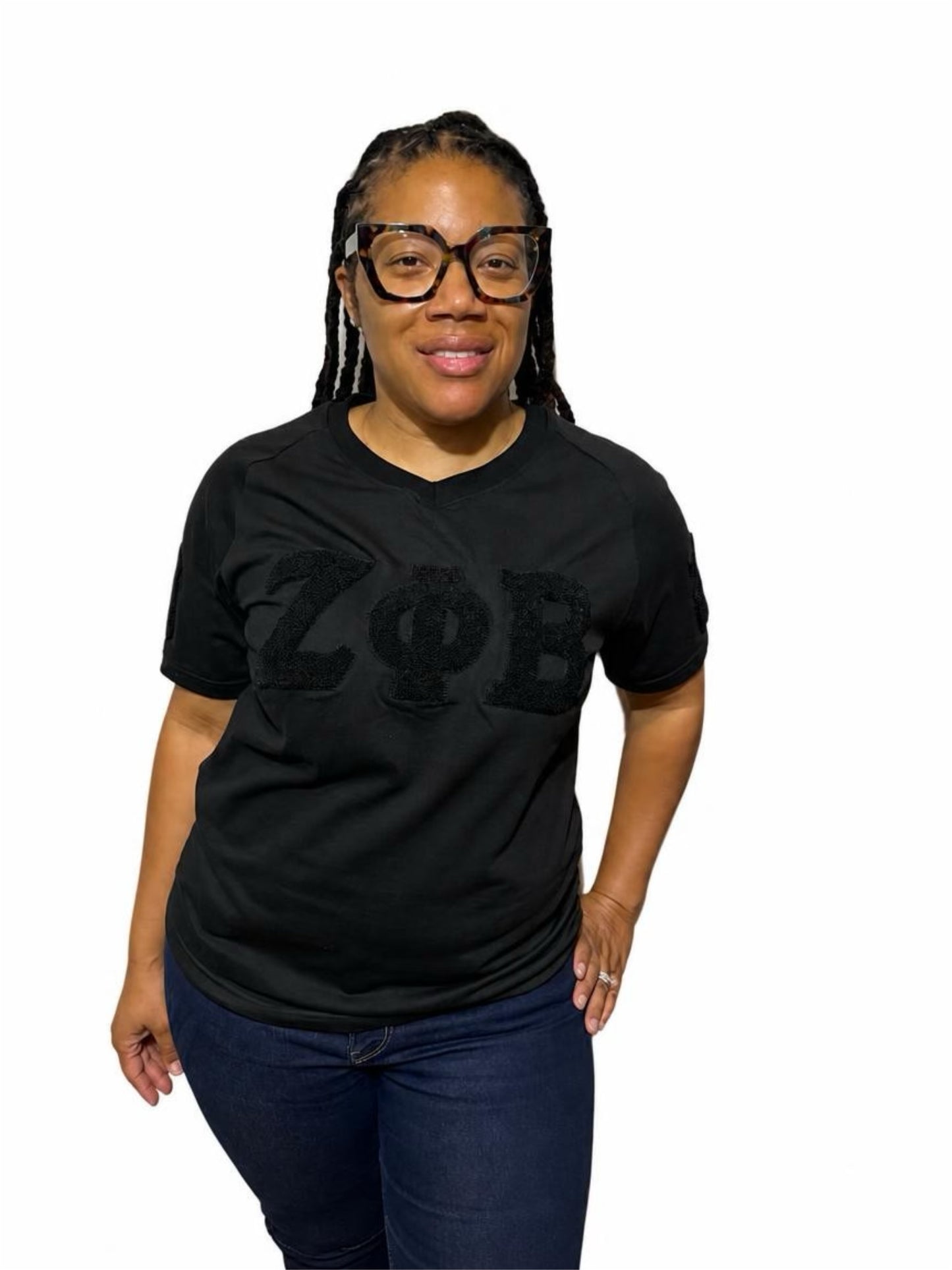 Zeta Phi Beta black on black chenille v neck unisex shirt