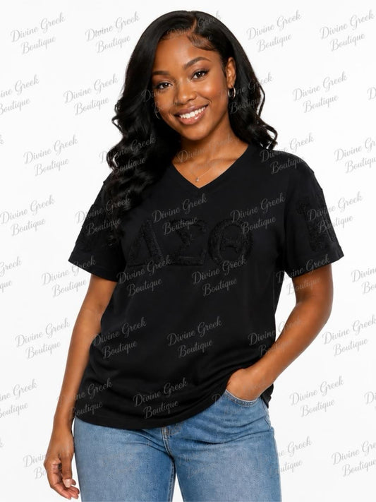 Delta Sigma Theta Black on black chenille V neck shirt