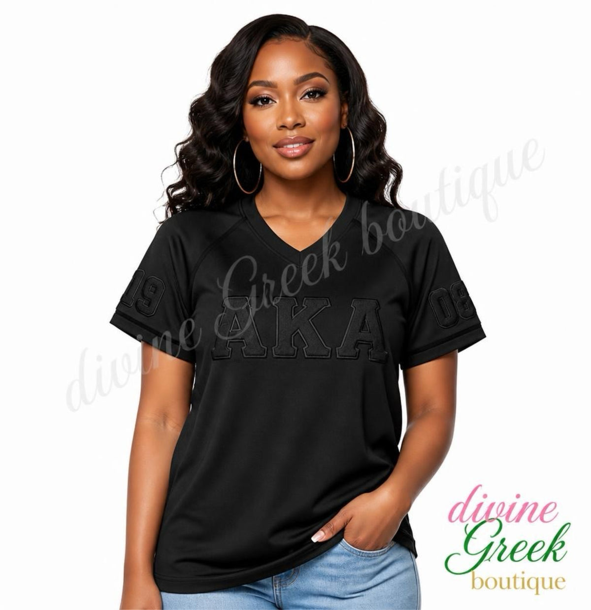 Alpha Kappa Alpha black on black chenille V-neck unisex T-shirt